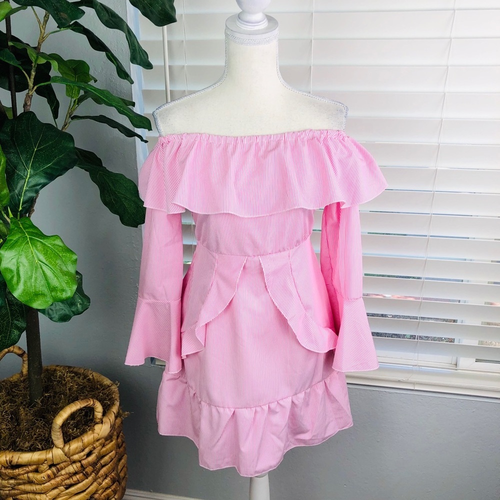 NWT OFF SHOULDER STRIP DRESS W/ BELL SLEEVES